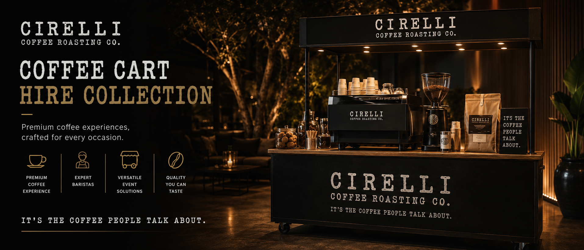 Cirelli Coffee Cart Hire Adelaide banner featuring a mobile coffee cart with barista-made coffee, freshly roasted Cirelli Coffee, and café-style service for weddings, corporate events, festivals, private functions, and celebrations.