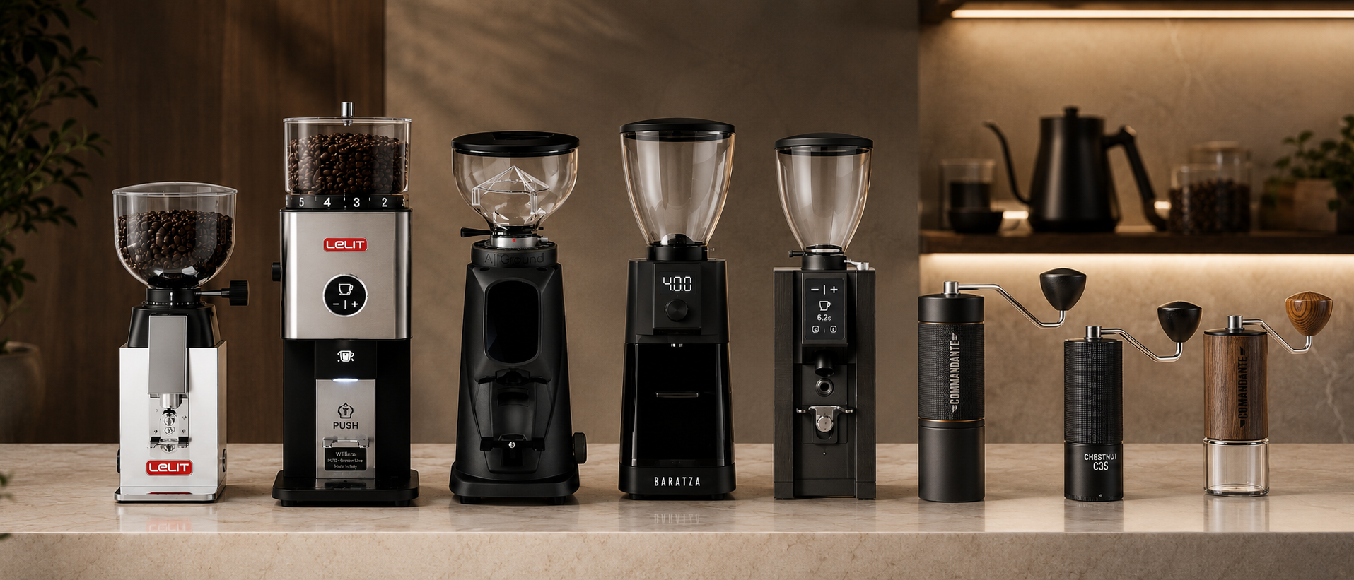 All Coffee Grinders collection hero banner by Cirelli Coffee, featuring manual coffee grinders, electric coffee grinders, espresso grinders and hand grinders.