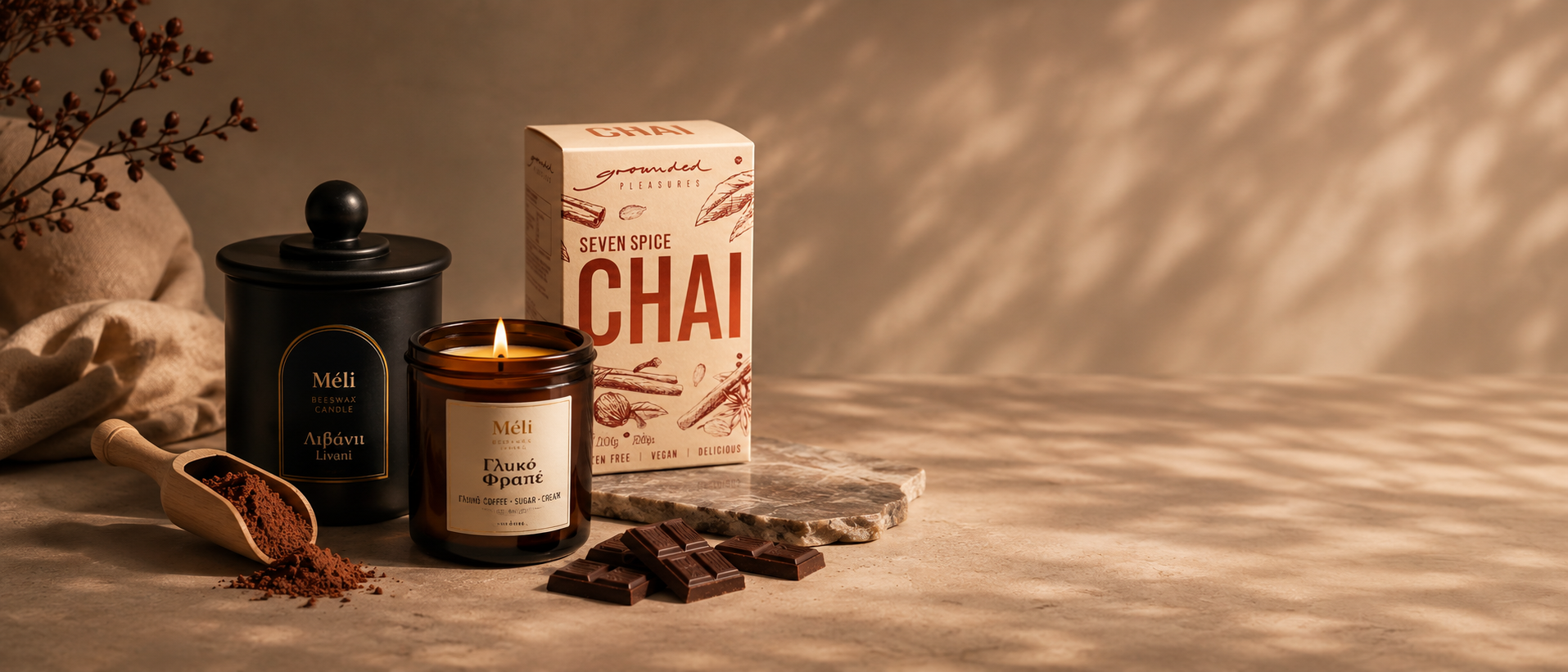 Chocolate and Chai collection hero banner by Cirelli Coffee, featuring drinking chocolate, chocolate powders, chai blends and specialty café-style drink products for hot chocolate, mocha, chai latte, dirty chai and iced drinks.