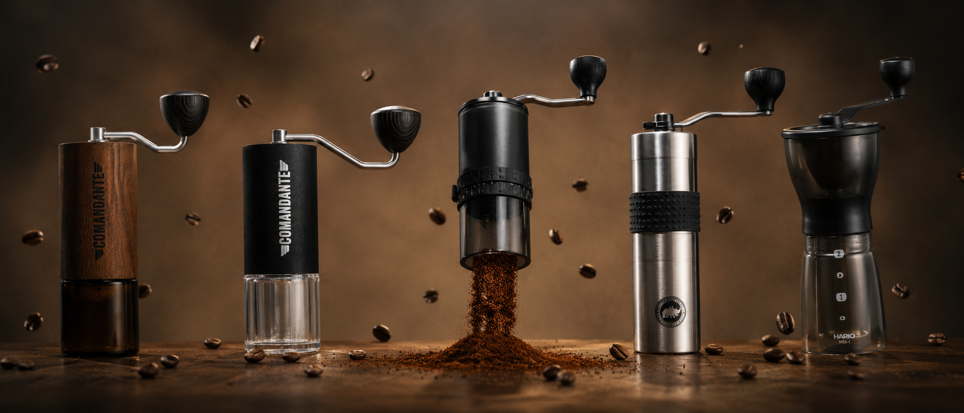 Manual Coffee Grinders collection hero banner by Cirelli Coffee, featuring hand coffee grinders, ceramic burr grinders, travel grinders and premium specialty coffee grinders.