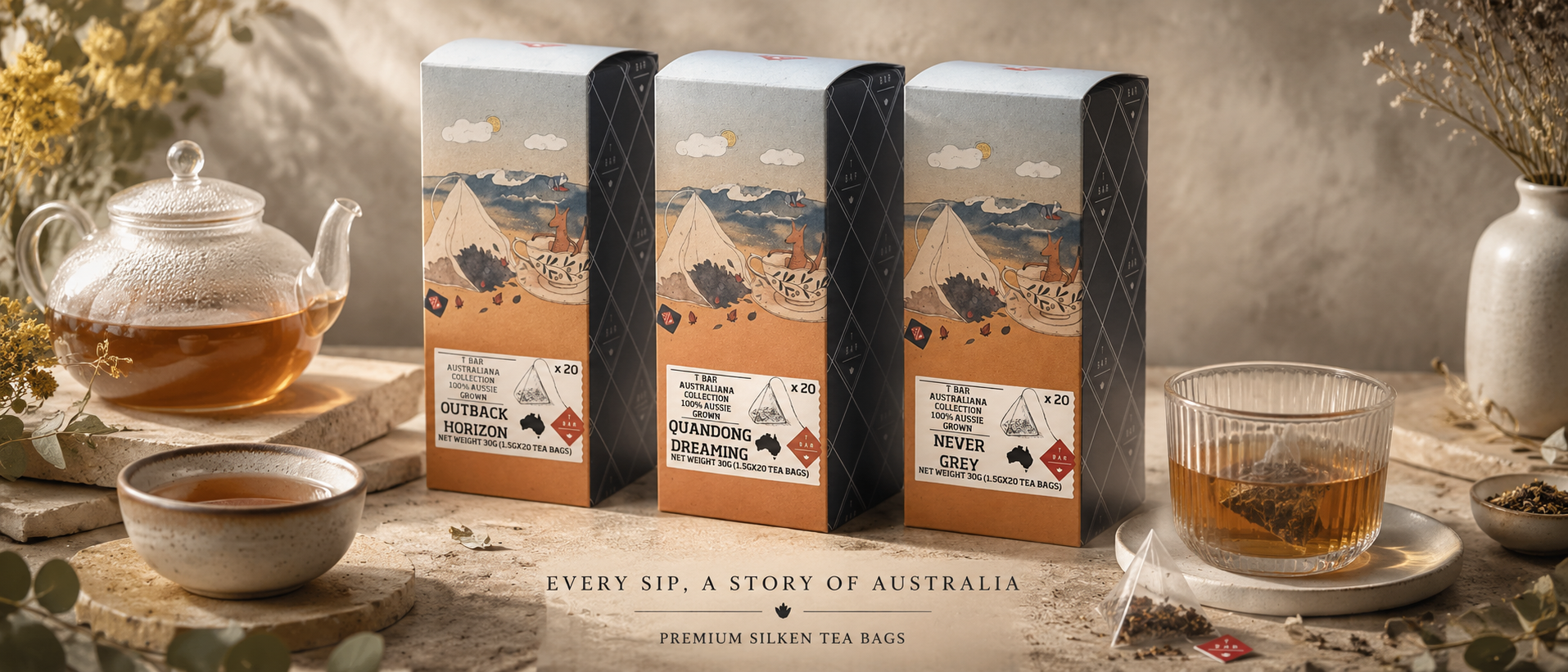 Silk Tea Bags collection hero banner by Cirelli Coffee, featuring Australian Tea Story.