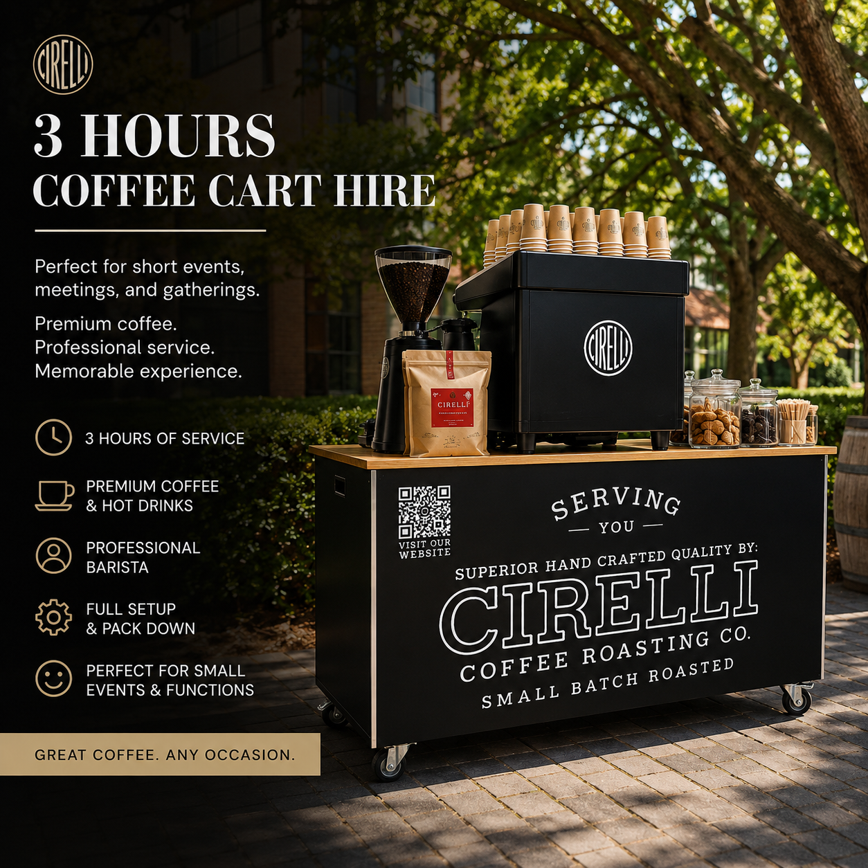 3 Hours Coffee Cart Hire Adelaide by Cirelli Coffee, featuring a mobile coffee cart with barista-made coffee, tea, chai, and hot chocolate for events and functions.
