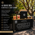 4 Hours Coffee Cart Hire Adelaide by Cirelli Coffee, featuring a mobile coffee cart with barista-made coffee, tea, chai, and hot chocolate for longer events and functions.