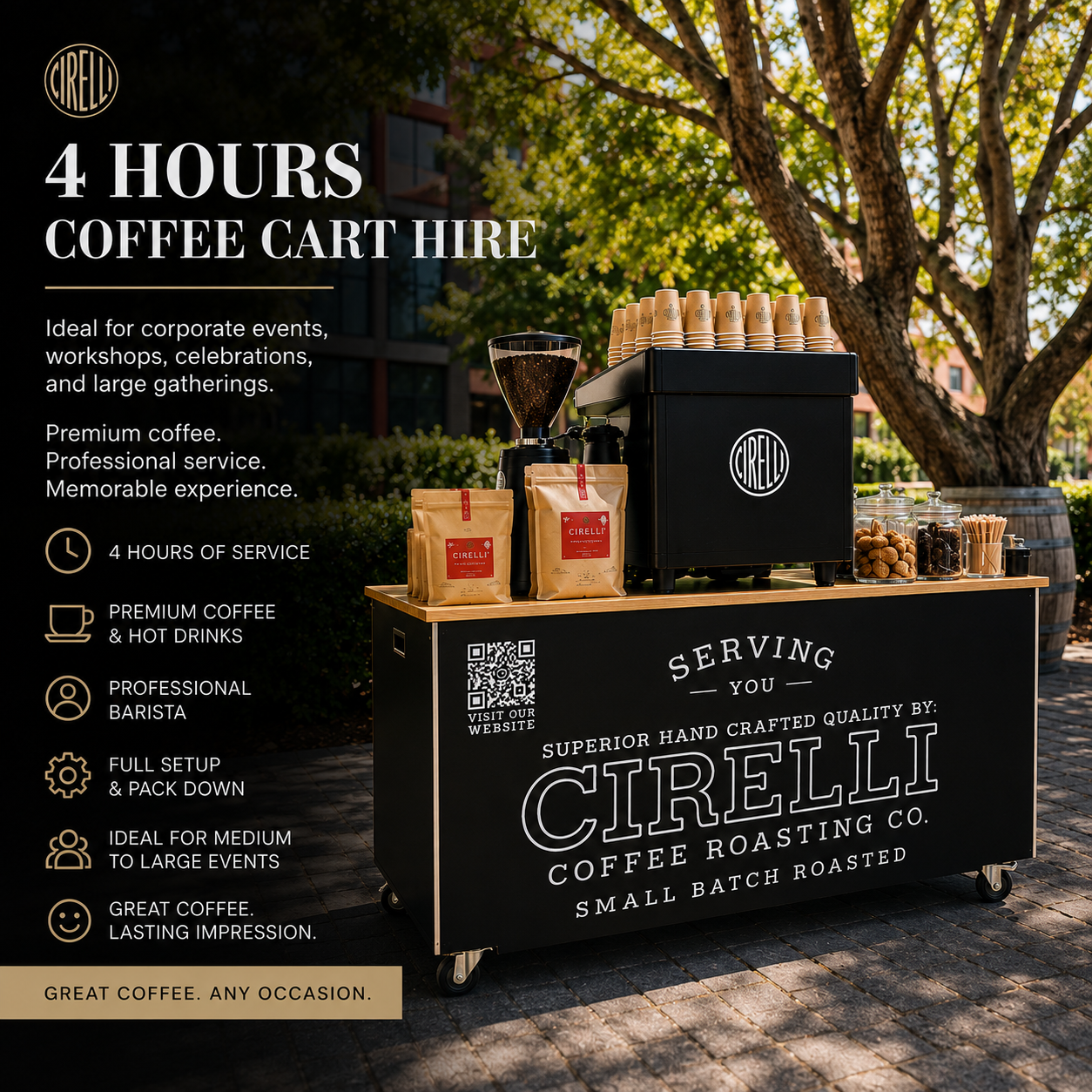 4 Hours Coffee Cart Hire Adelaide by Cirelli Coffee, featuring a mobile coffee cart with barista-made coffee, tea, chai, and hot chocolate for longer events and functions.