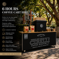6 Hours Coffee Cart Hire Adelaide by Cirelli Coffee, featuring a mobile coffee cart with barista-made coffee, tea, chai, and hot chocolate for full event service.
