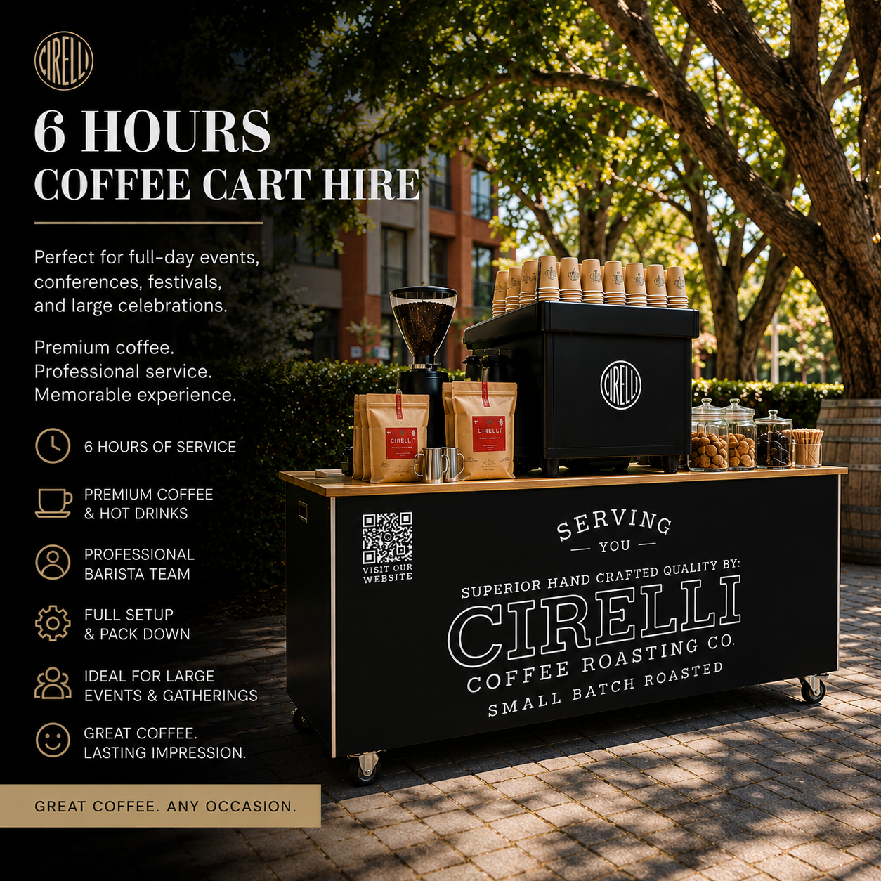 6 Hours Coffee Cart Hire Adelaide by Cirelli Coffee, featuring a mobile coffee cart with barista-made coffee, tea, chai, and hot chocolate for full event service.