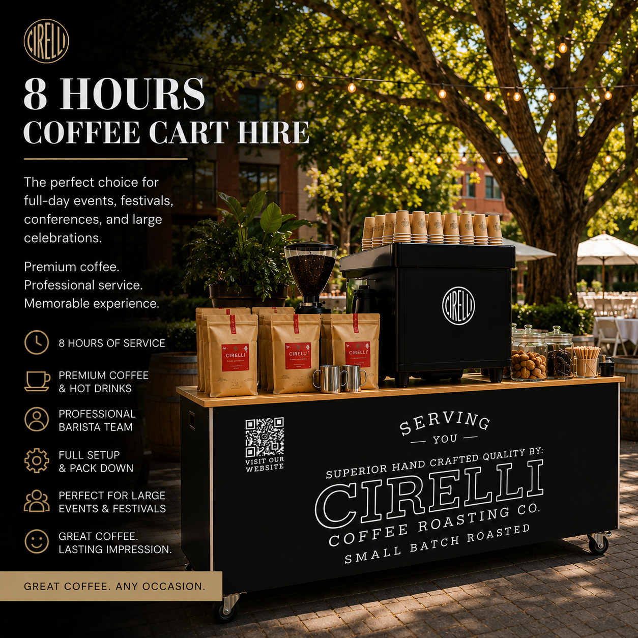 8 Hours Coffee Cart Hire Adelaide by Cirelli Coffee, featuring an all-day mobile coffee cart with barista-made coffee, tea, chai, and hot chocolate for events and functions.