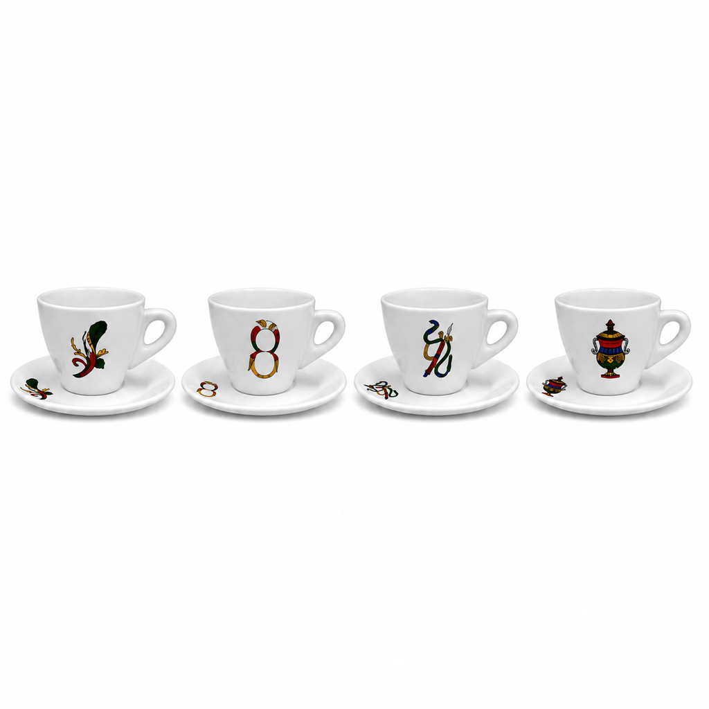 Four white ceramic espresso cups with matching saucers, each decorated with a different colorful vintage-style illustration, arranged in a row against a plain white background.