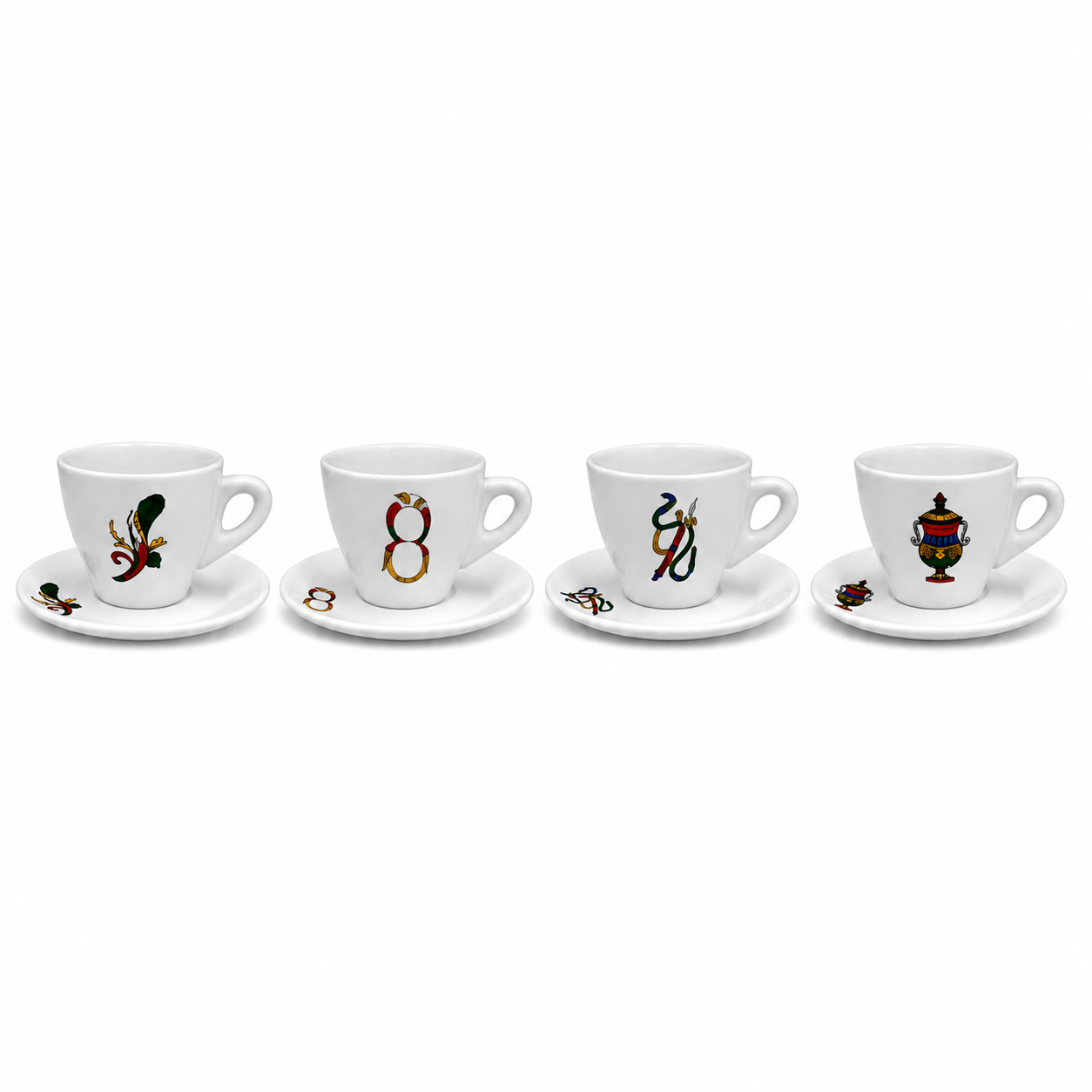 Four white ceramic espresso cups with matching saucers, each decorated with a different colorful vintage-style illustration, arranged in a row against a plain white background.