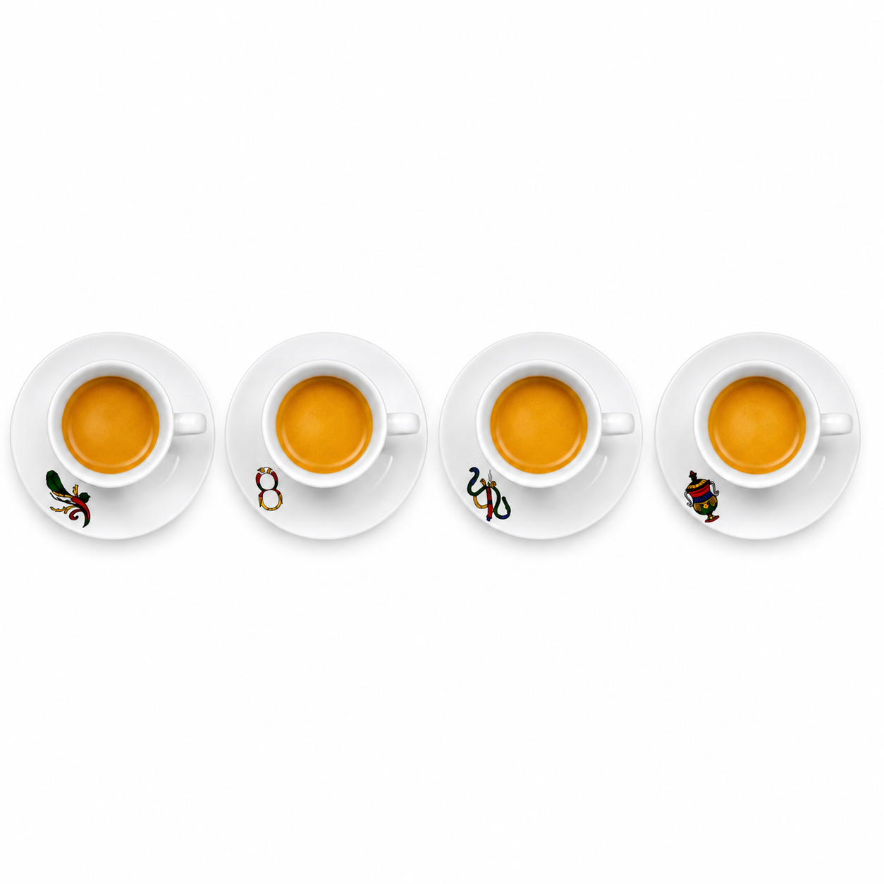 Four white ceramic espresso cups with saucers arranged in a row on a white background. Each cup is filled with golden-yellow coffee and features a small, different insect illustration on the saucer.
