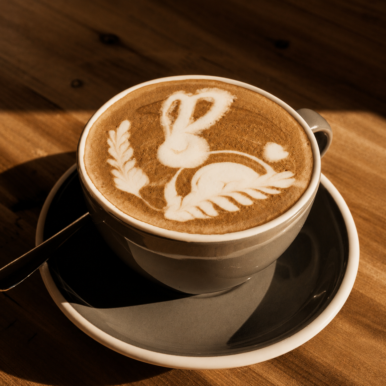 A cup of latte art coffee on a saucer, photographed on a wooden table in warm sunlight. The foam has a white rabbit and leaf design layered over a medium brown coffee base.