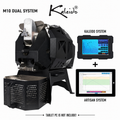 M10 Dual 1.2kg Coffee Roaster from Cirelli Coffee, available in Black, White, Stainless Steel, and Bronze, with Kaleido tablet, Artisan Bluetooth compatibility, 300g to 1200g roasting capacity, adjustable heat, fan and drum speed, infrared heating, roast curve saving, chaff collection, and automatic cooling fan.