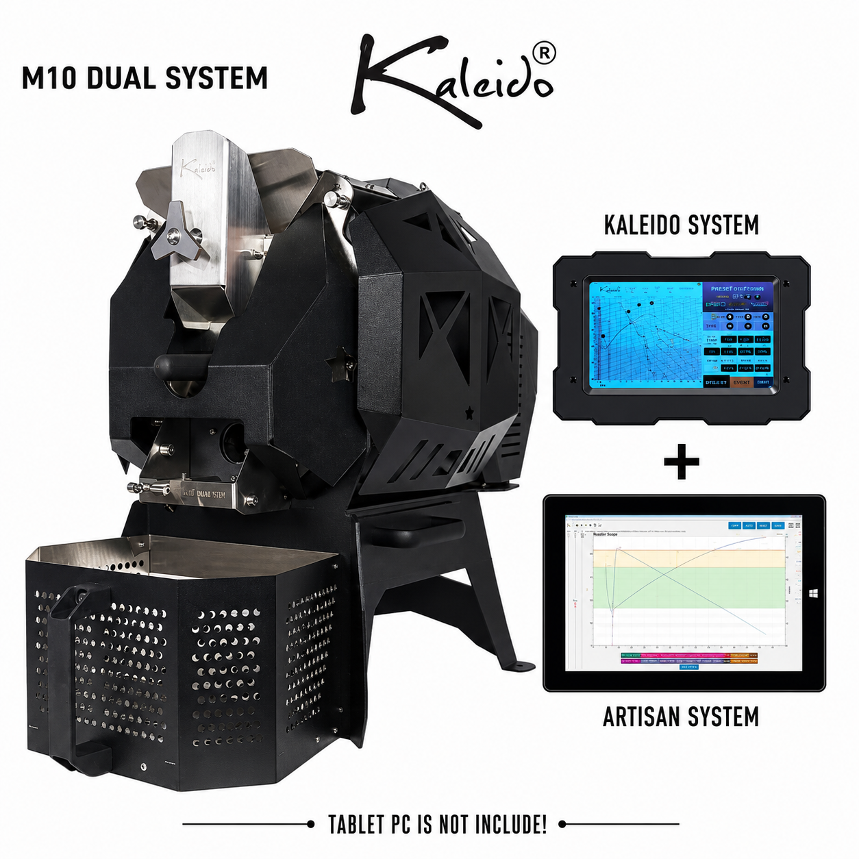 M10 Dual 1.2kg Coffee Roaster from Cirelli Coffee, available in Black, White, Stainless Steel, and Bronze, with Kaleido tablet, Artisan Bluetooth compatibility, 300g to 1200g roasting capacity, adjustable heat, fan and drum speed, infrared heating, roast curve saving, chaff collection, and automatic cooling fan.