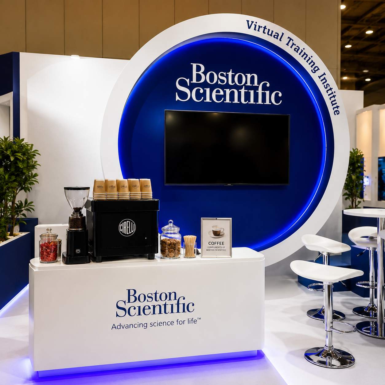 Boston Scientific booth at a trade show, featuring a white counter with coffee-making equipment, a large circular blue and white backdrop with the Boston Scientific logo, and white bar stools nearby.