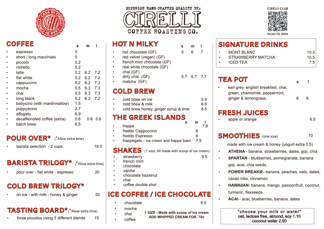 Cirelli Coffee Roasting Co. menu with coffee, hot n milky, and signature drinks listed.