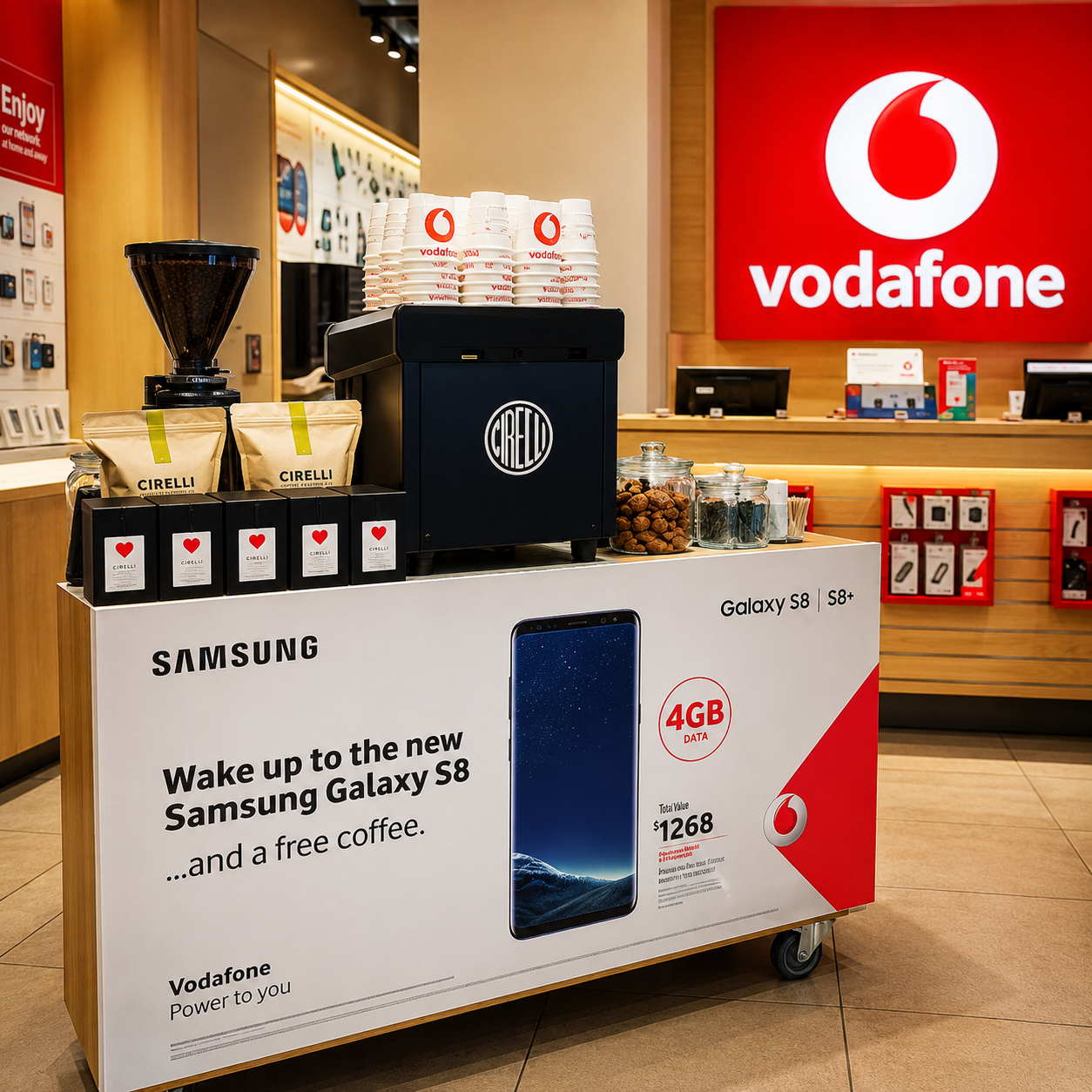 A promotional mobile coffee station in a Vodafone retail store, featuring a Samsung Galaxy S8 ad on the front, Cilelli coffee bags, a coffee grinder, and a stack of paper cups. A large red Vodafone logo is visible in the background.
