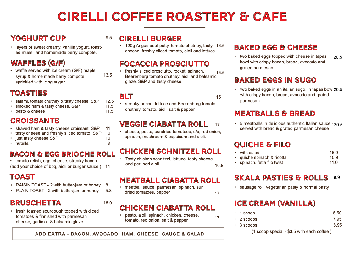 Menu of Cirelli Coffee Roastery & Cafe with various food items and prices.