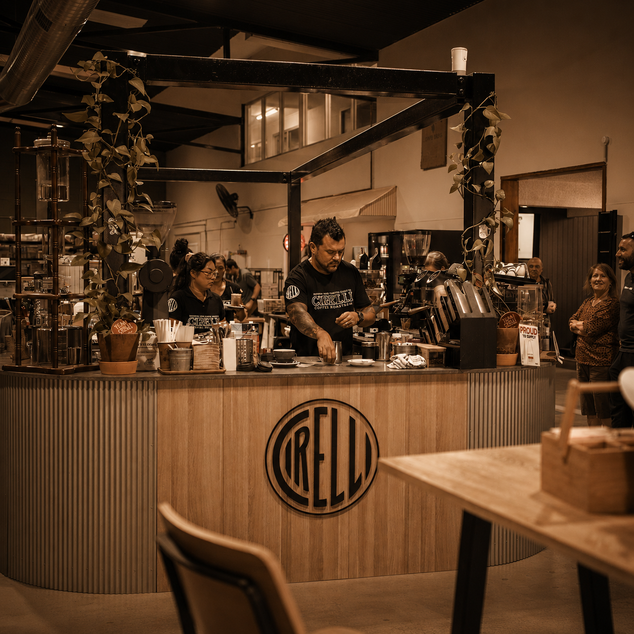 A warm, sepia-toned interior scene of a cafe or bar with people working behind a ribbed wood counter. The circular black logo on the front of the counter reads 'IRELLI'.