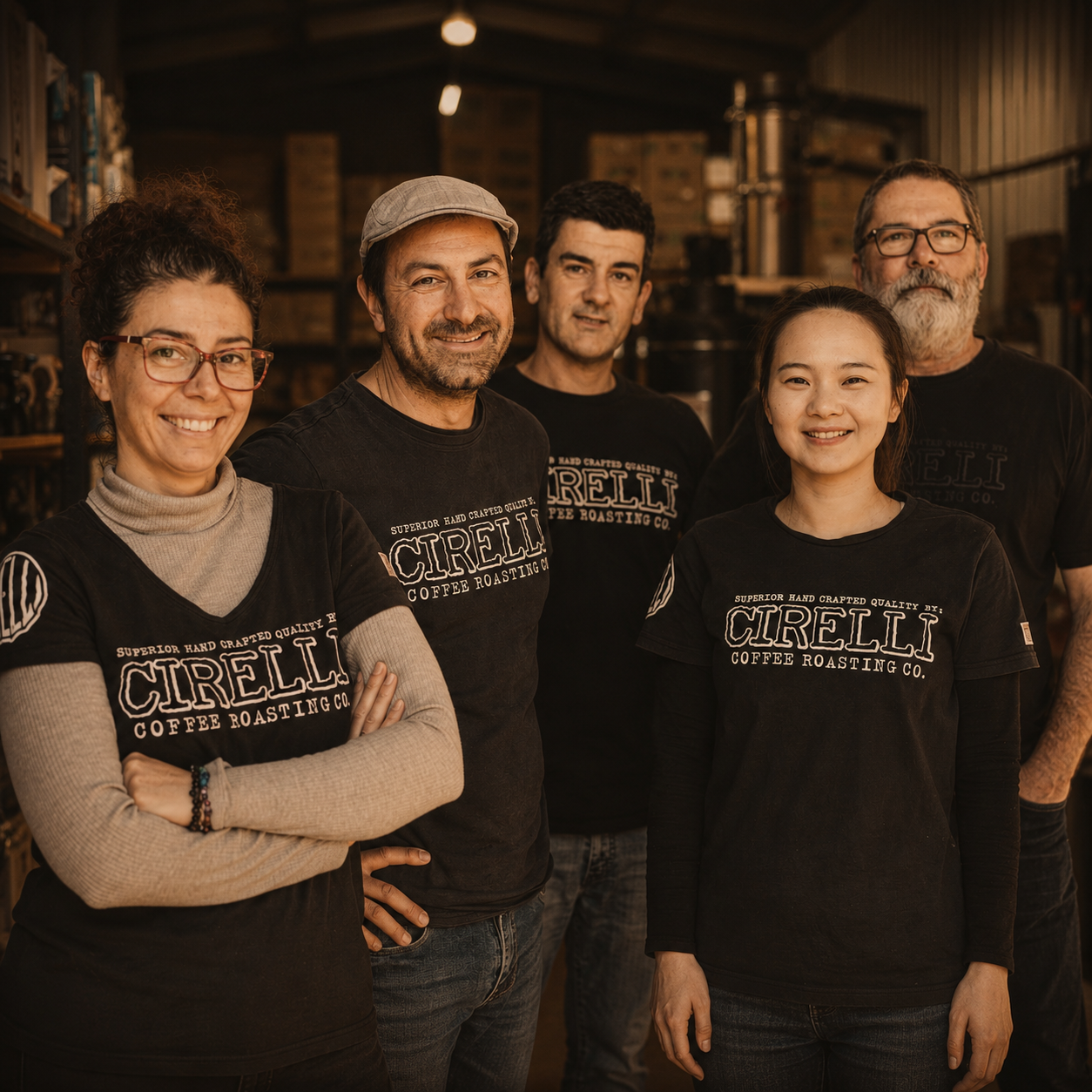 Five people standing together in a coffee roastery shop, all wearing matching black t-shirts with 'CIRELLI COFFEE ROASTERS CO.' printed in white across the chest.