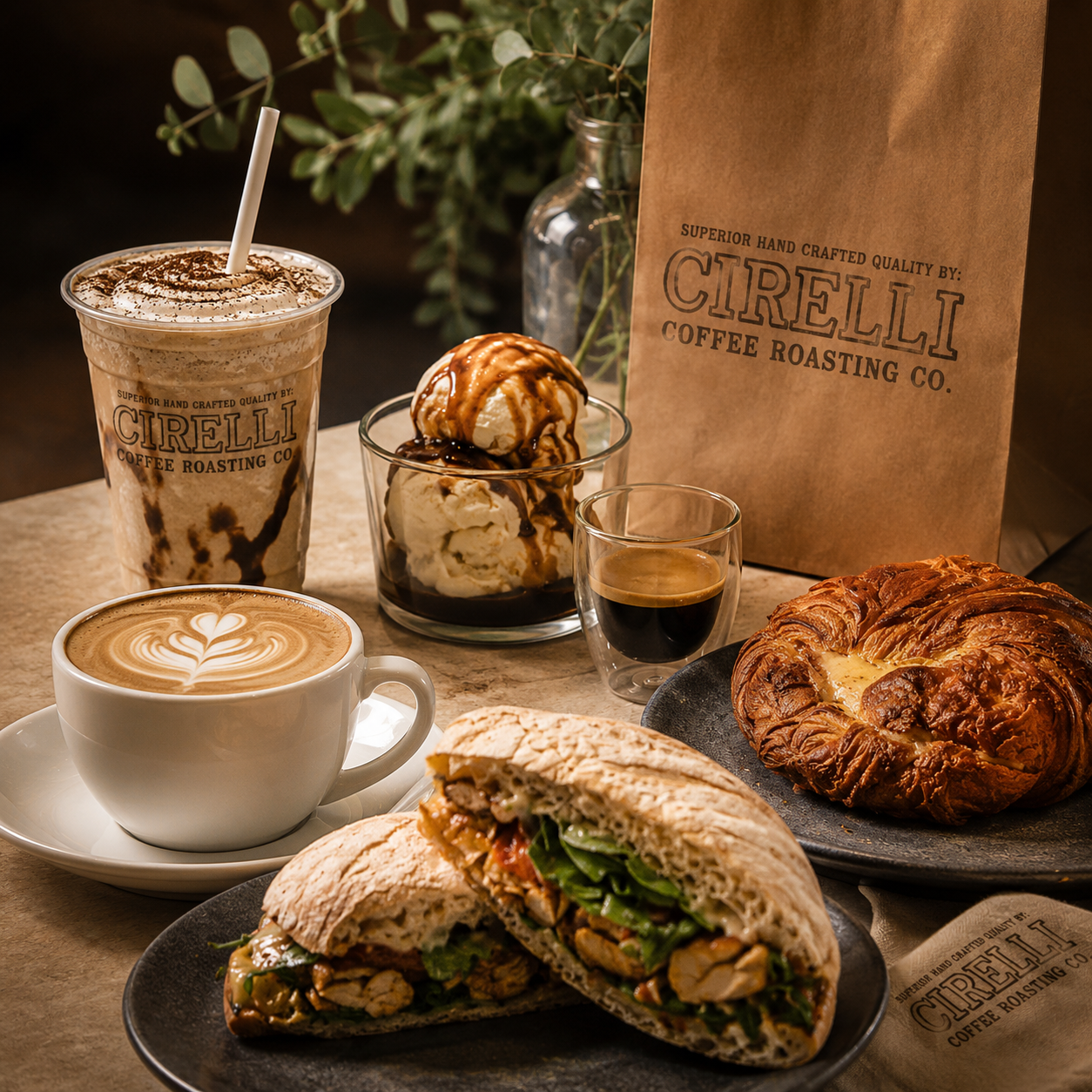 A styled coffee and food spread on a rustic table, featuring a Cirelli Coffee Roasting Co. branded iced latte, espresso, sandwich, croissant, dessert, and paper bag.