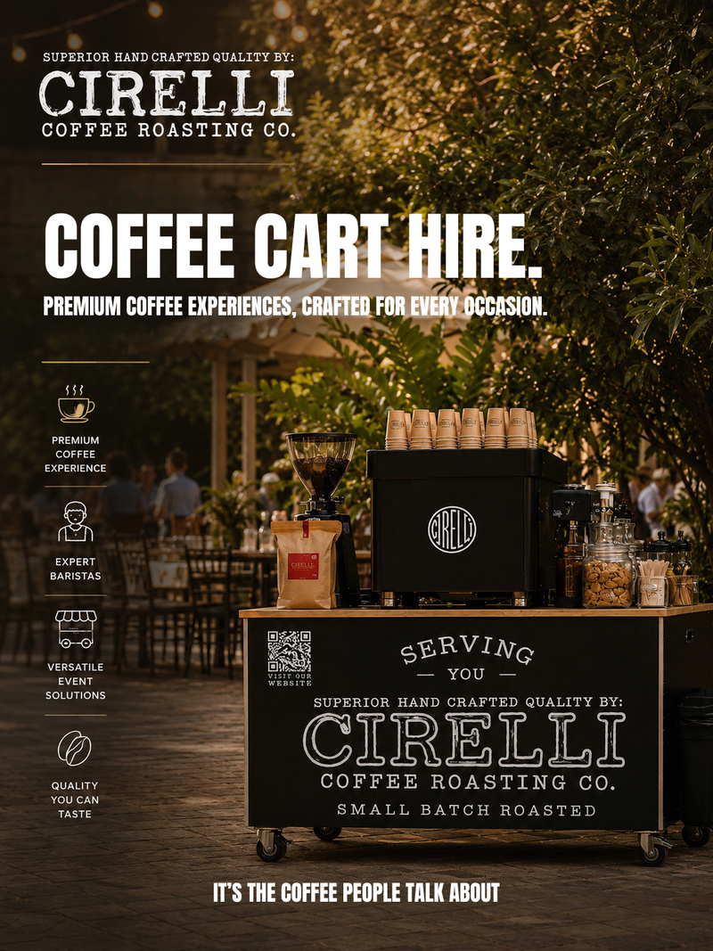 A coffee cart advertisement for Cirelli Coffee Roasting Co. showing a black rolling coffee cart with cup holders, coffee equipment, and branded signage in an outdoor patio setting with trees and people blurred in the background.