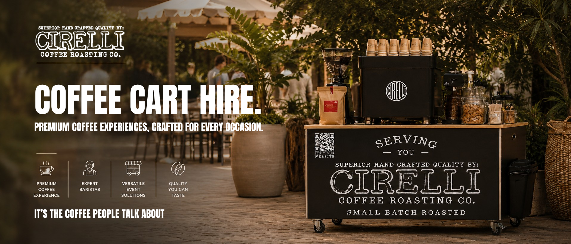 Promotional graphic for a Cirelli Coffee Roasting Co. 'Coffee Cart Hike,' showing a black coffee cart with the Cirelli branding in an outdoor patio setting with people seated in the background.