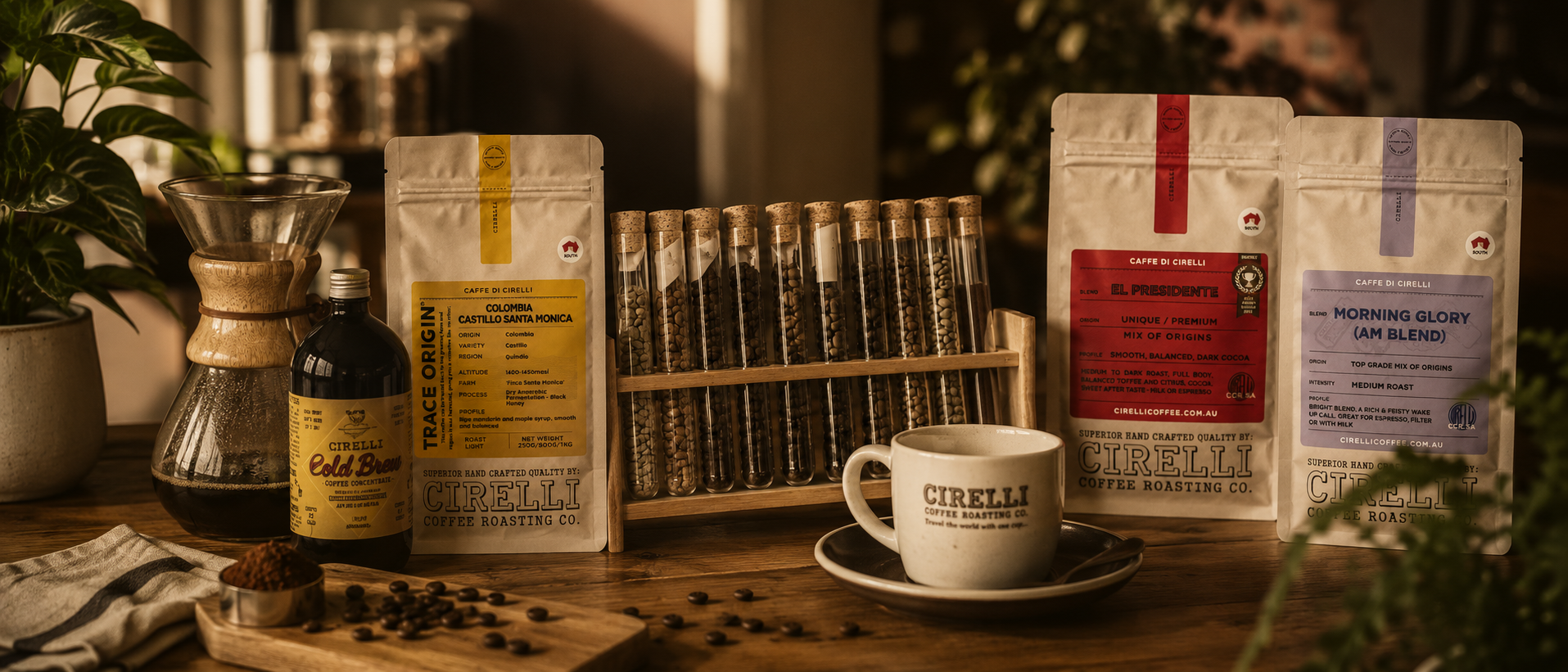 A styled coffee product display on a wooden table featuring several Cilelli coffee bags, a wooden rack of loose coffee beans, a white Cilelli coffee cup on a saucer, a glass pour-over maker, and coffee beans, with warm ambient lighting and plants in the background.