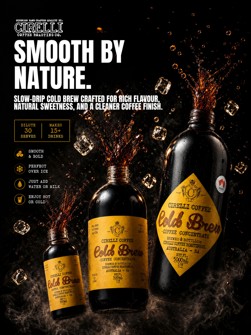 Three bottles of Cirelli Coffee Cold Brew in different sizes, shown with a dramatic splash of dark coffee and floating ice cubes against a black background. Large white and yellow text on the left reads 'SMOOTH BY NATURE' with product details.