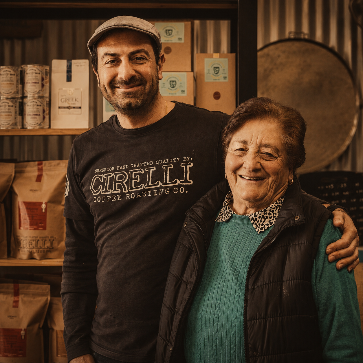 A man wearing a Cirelli coffee roasting crewneck shirt and a woman standing next to him in a warm, rustic coffee roastery setting.