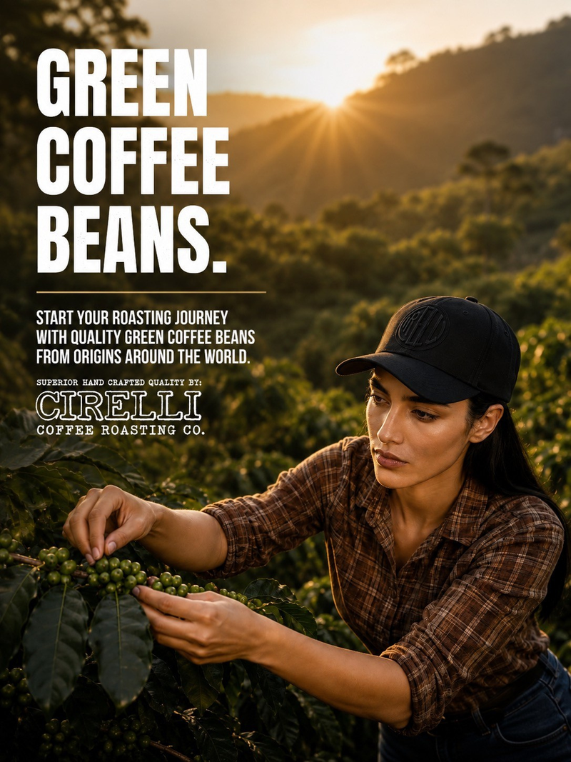 A lifestyle advertisement for Cirelli Coffee Roasting Co. shows a woman in a coffee plantation harvesting green coffee beans at sunset, with bold white text on the left reading 'GREEN COFFEE BEANS.