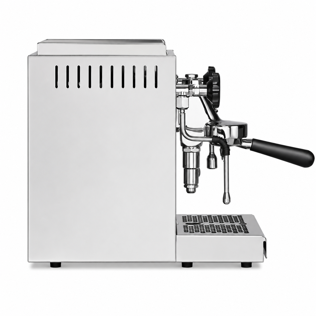 A professional espresso machine with a polished stainless steel body, featuring a central portafilter holder, two black steam wands, a pressure gauge, and a drip tray, shown against a plain white background.