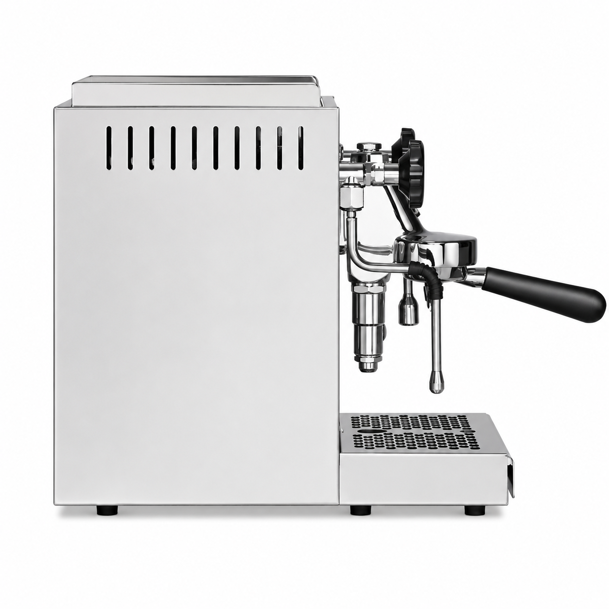 A professional espresso machine with a polished stainless steel body, featuring a central portafilter holder, two black steam wands, a pressure gauge, and a drip tray, shown against a plain white background.