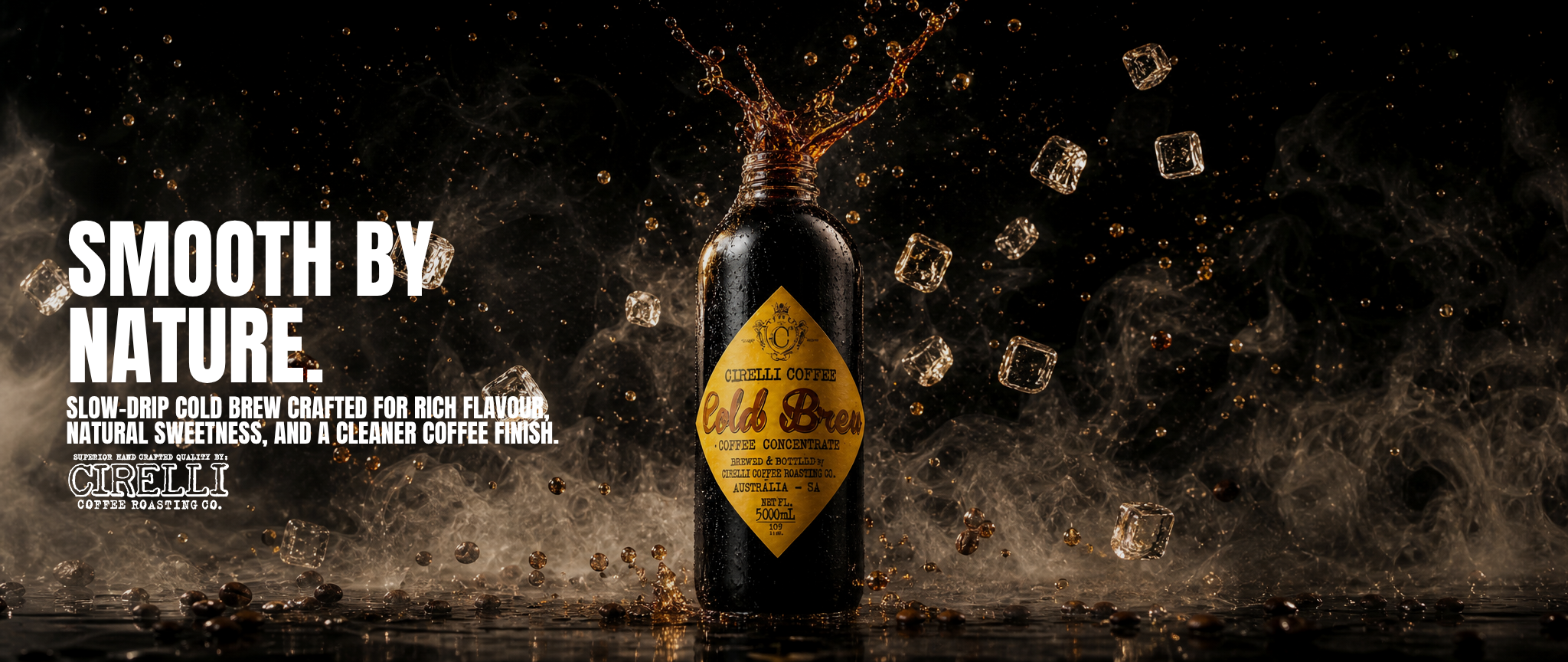 A dark coffee bottle with a yellow label reading 'Gold Border' stands in the center of a dramatic black background with ice cubes, liquid splash, and smoke effects. Large white text on the left reads 'SMOOTH BY NATURE.