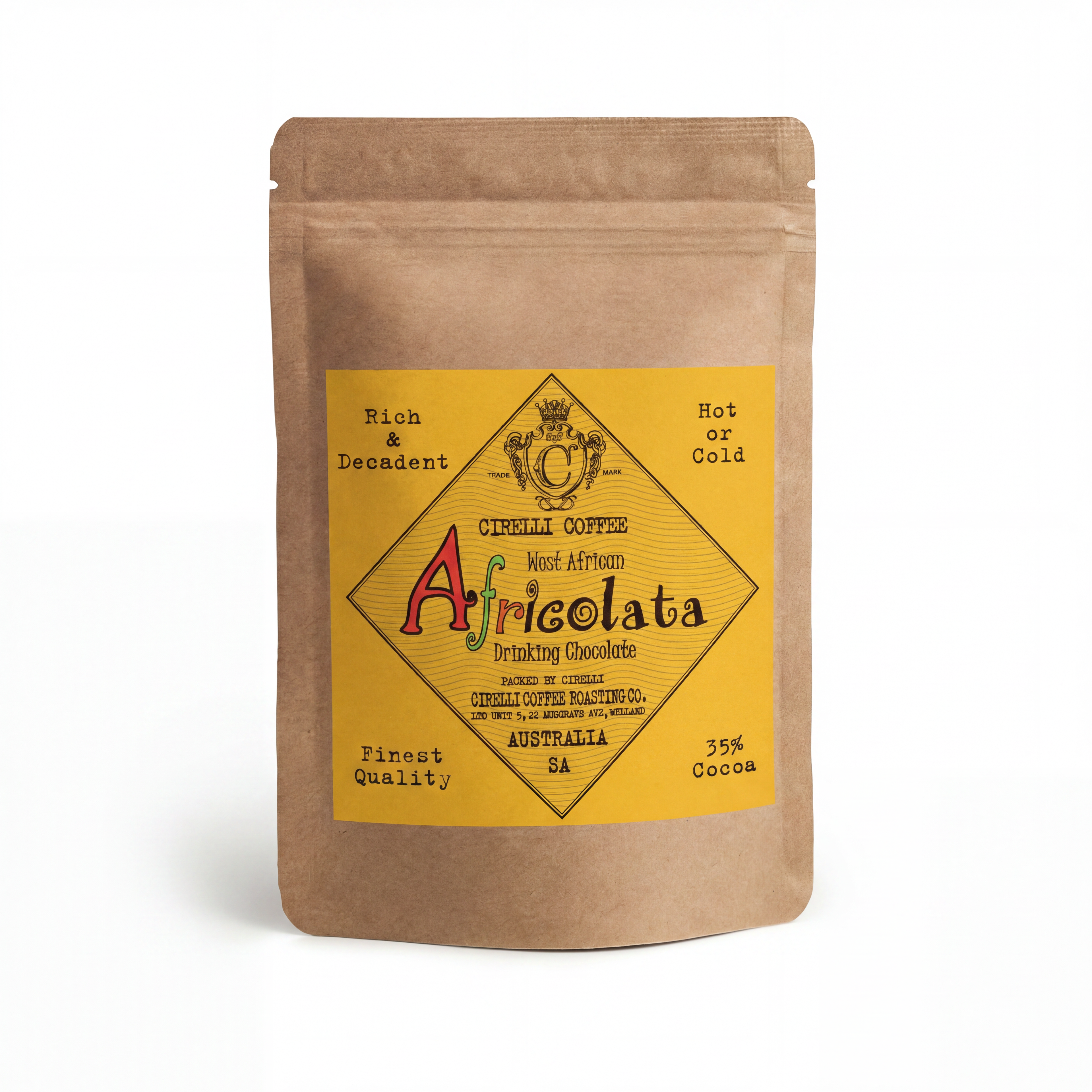 Africolata Drinking Chocolate from Cirelli Coffee, a rich bold drinking chocolate crafted from single origin West African cocoa for smooth full-bodied hot chocolate, iced chocolate, cafés, offices and home brewing.