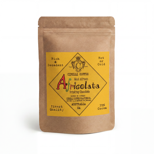 Africolata Drinking Chocolate from Cirelli Coffee, a rich bold drinking chocolate crafted from single origin West African cocoa for smooth full-bodied hot chocolate, iced chocolate, cafés, offices and home brewing.