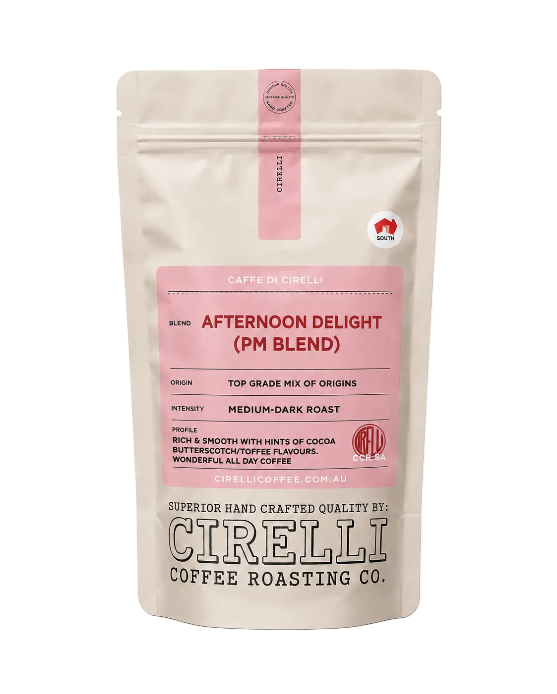 Afternoon Delight Coffee Blend by Cirelli Coffee, a smooth low-acidity coffee with Brazil, Sumatra, Kenya, Colombia, and Costa Rica origins, butterscotch character, and honey-toffee sweetness for espresso, milk coffee, plunger, filter, and cold brew.