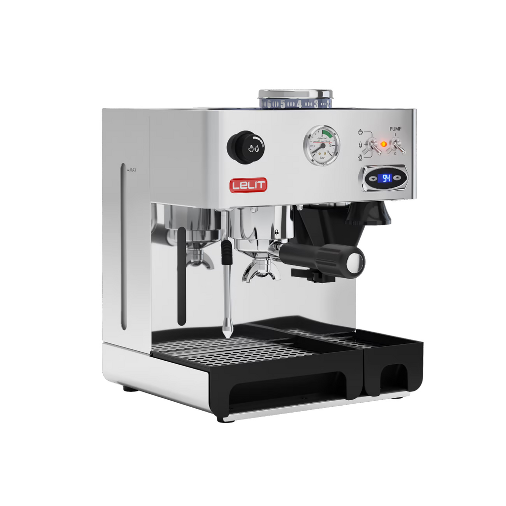 LELIT Anita coffee machine from Cirelli Coffee, a compact stainless steel espresso machine with built-in grinder, 38mm conical burrs, PID temperature control, manometer, steam wand, and 2.5L water tank for home coffee.