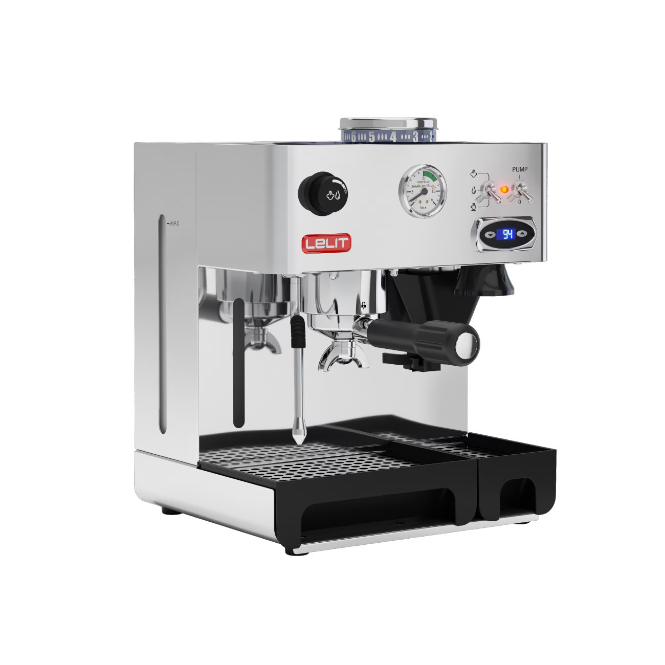 LELIT Anita coffee machine from Cirelli Coffee, a compact stainless steel espresso machine with built-in grinder, 38mm conical burrs, PID temperature control, manometer, steam wand, and 2.5L water tank for home coffee.