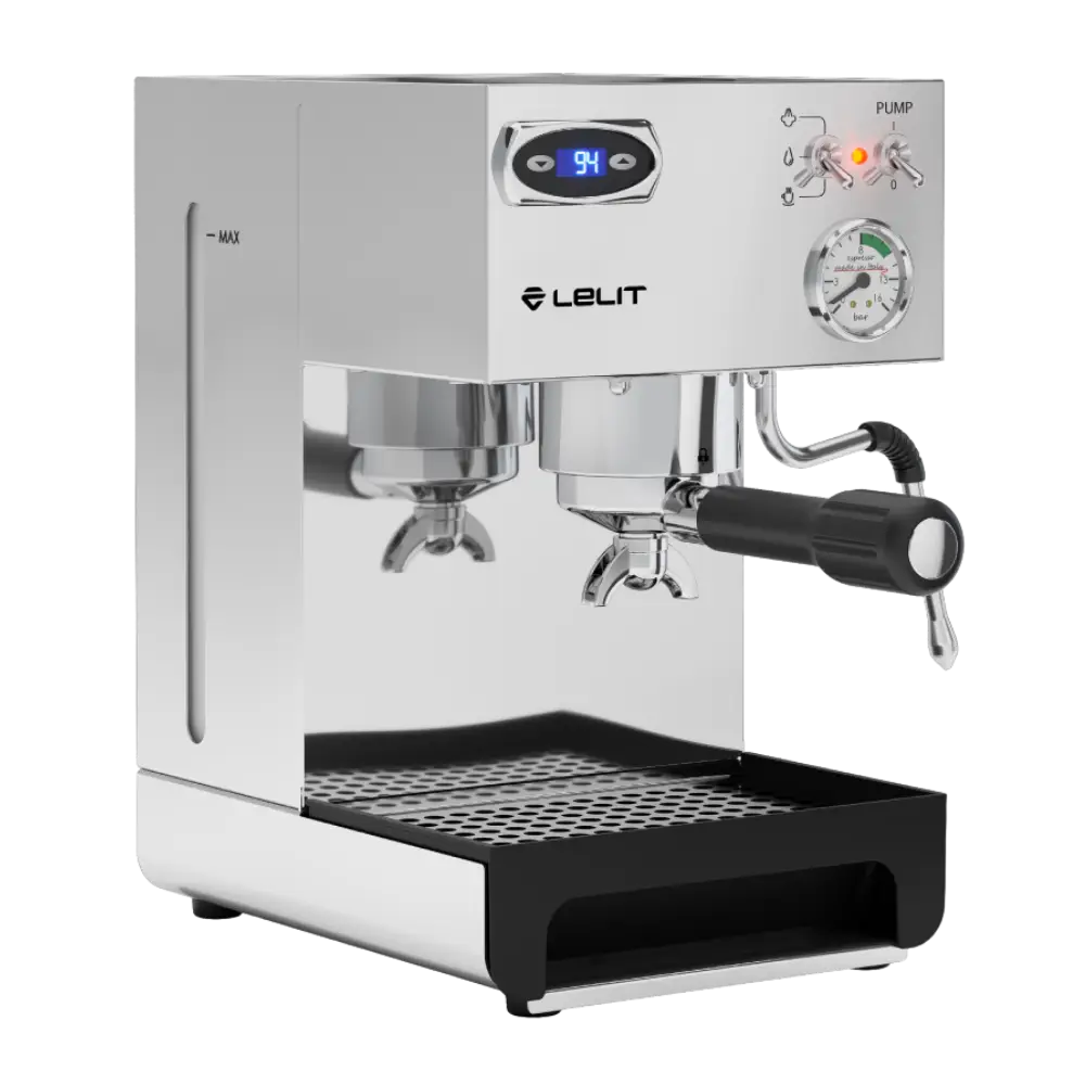LELIT Anna coffee machine from Cirelli Coffee, a compact entry-level stainless steel espresso machine with PID temperature control, LELIT57 group, manometer, anti-burn steam wand, and accessories for home baristas.