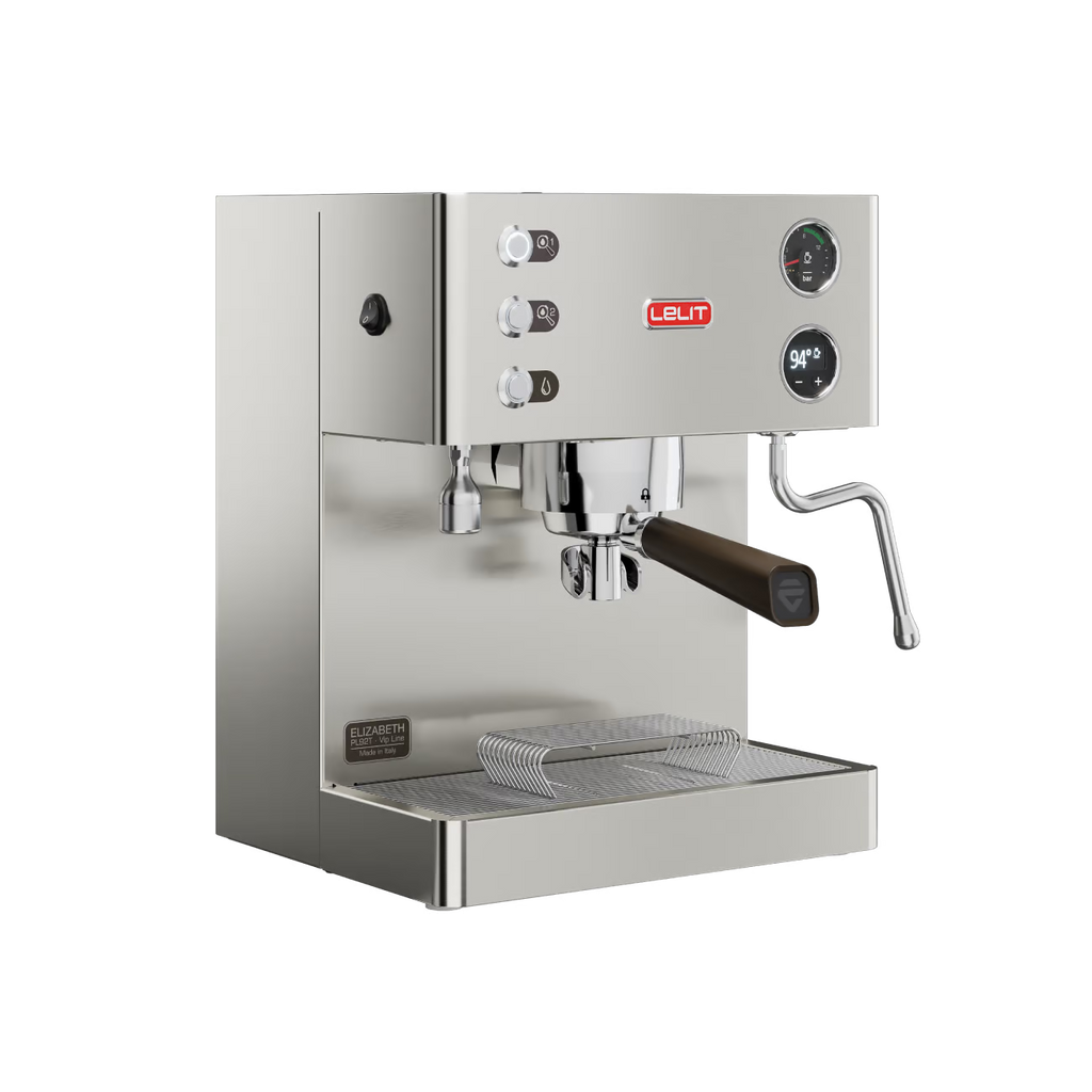 LELIT Elizabeth coffee machine from Cirelli Coffee, a compact dual boiler espresso machine with LELIT58 group head, LCC OLED display, adjustable pre-infusion, smart water detection, manometer, and anti-burn steam wand for home baristas.