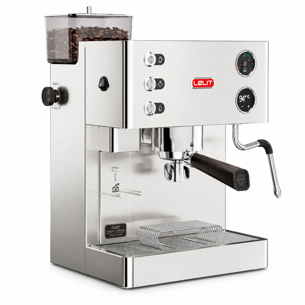 Lelit Kate coffee machine from Cirelli Coffee, a compact stainless steel espresso machine with built-in grinder, LELIT58 commercial grouphead, LCC OLED display, manometer, brass boiler, and anti-burn steam wand for home baristas.