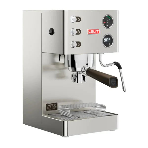 Lelit Victoria coffee machine from Cirelli Coffee, a compact stainless steel espresso machine with LELIT58 commercial grouphead, LCC OLED display, pre-infusion, manometer, and anti-burn steam wand for home baristas.