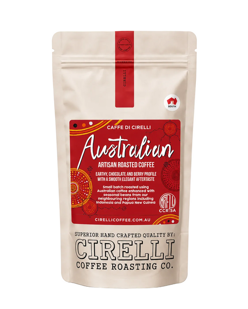 Australian Coffee Blend by Cirelli Coffee, a bold earthy roast with cacao, roasted nut, and warm spice notes for espresso, milk coffee, plunger, and filter brewing.