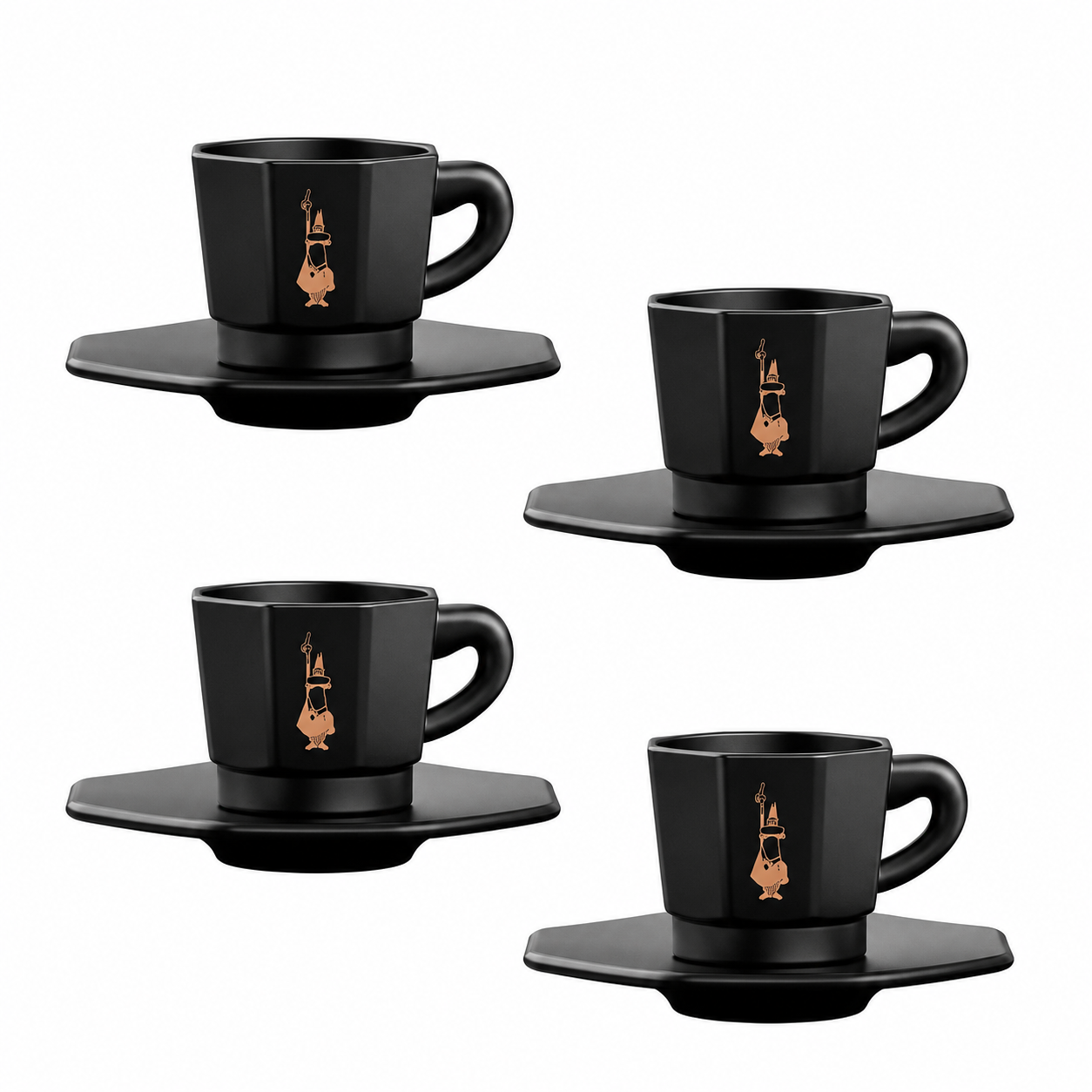 Four black ceramic espresso cups with matching saucers, each decorated with a small gold-toned illustration of a violin, arranged on a plain white background.