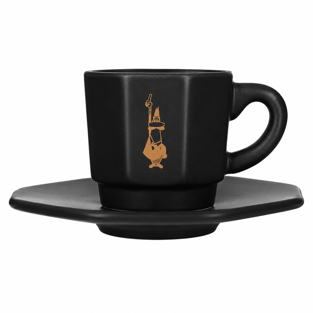 Bialetti Eight Faces Porcelain Cups Set from Cirelli Coffee, a set of 4 black porcelain espresso cups with matching saucers, octagonal design, Bialetti logo detail, and Italian-inspired style for espresso, ristretto, gifting, and home coffee rituals.