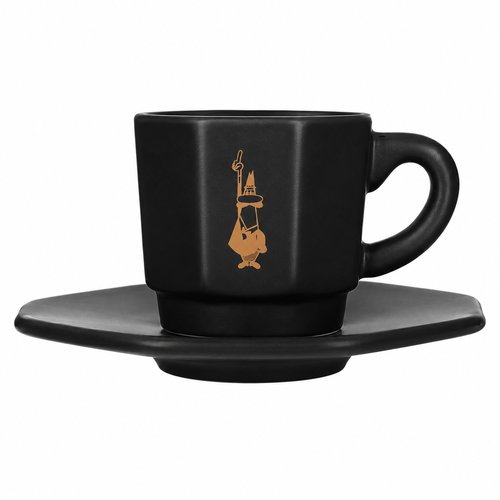 Bialetti Eight Faces Porcelain Cups Set from Cirelli Coffee, a set of 4 black porcelain espresso cups with matching saucers, octagonal design, Bialetti logo detail, and Italian-inspired style for espresso, ristretto, gifting, and home coffee rituals.