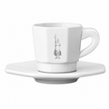 Bialetti Eight Faces White Porcelain Cups Set from Cirelli Coffee, a set of 4 white porcelain espresso cups with matching saucers, octagonal design, Bialetti logo detail, and Italian-inspired style for espresso, ristretto, gifting, and home coffee rituals.