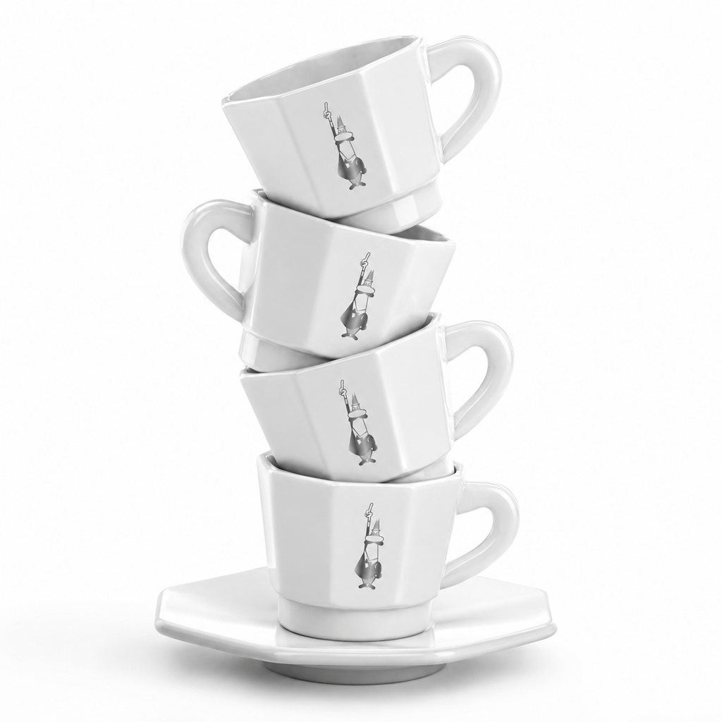 A stack of four white ceramic espresso cups with matching saucers, each decorated with a small black and white illustration of a rabbit wearing a hat, on a clean white background.