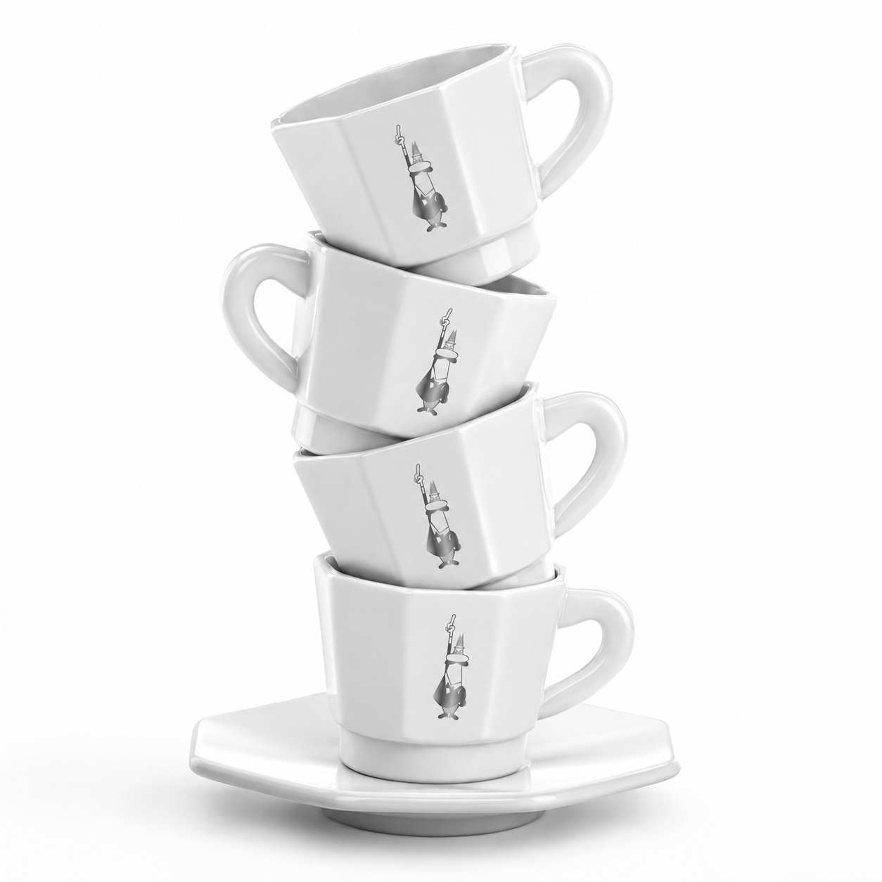 A stack of four white ceramic espresso cups with matching saucers, each decorated with a small black and white illustration of a rabbit wearing a hat, on a clean white background.