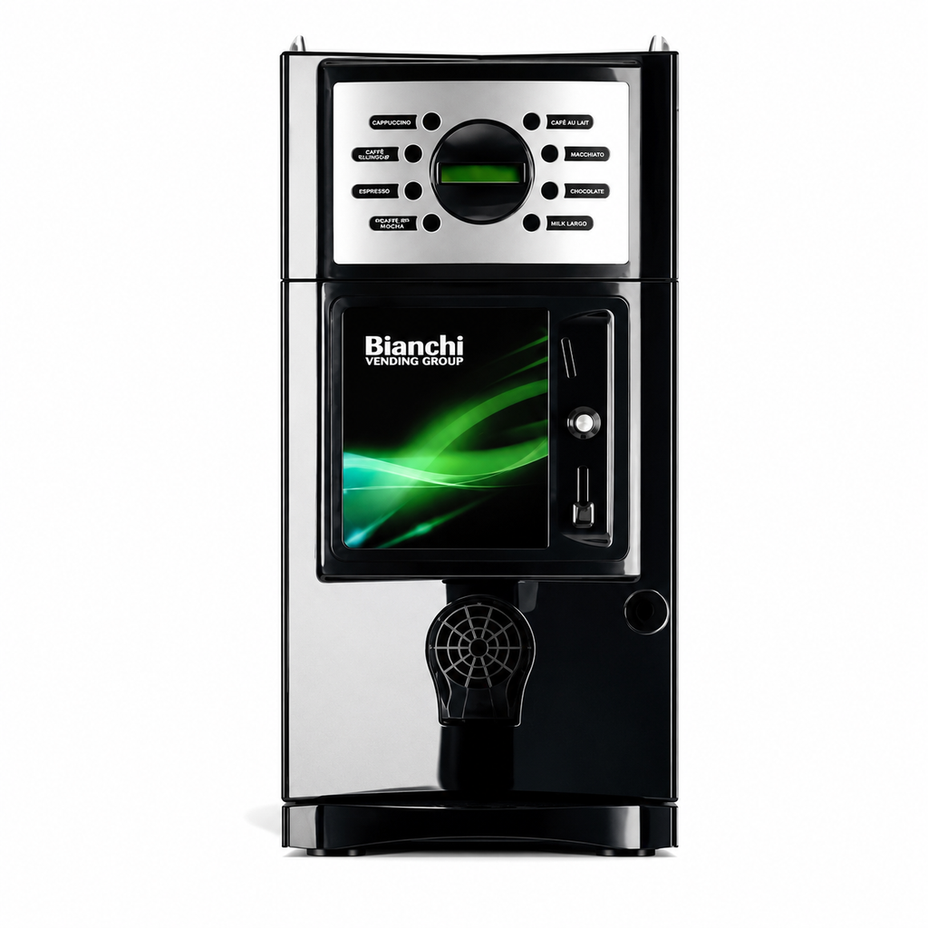 Bianchi Gaia Coffee Machine from Cirelli Coffee, an automatic office and hospitality coffee machine for 20 to 100 plus people with bean or instant beverage options, plumbed or 3.6L water tank setup, milk options, large dispensing area, and payment system compatibility.